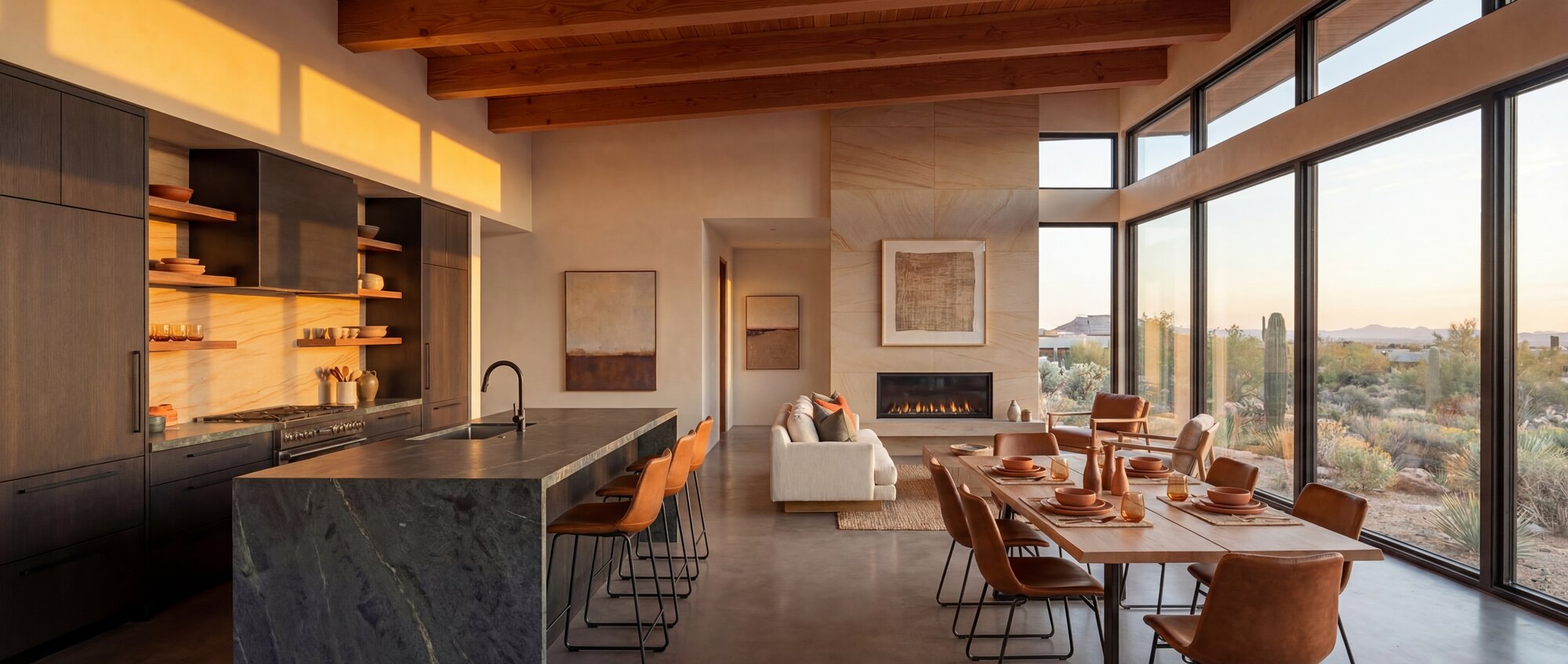 Desert modern luxury home exterior with stone fire pit and Sandia Mountains in background