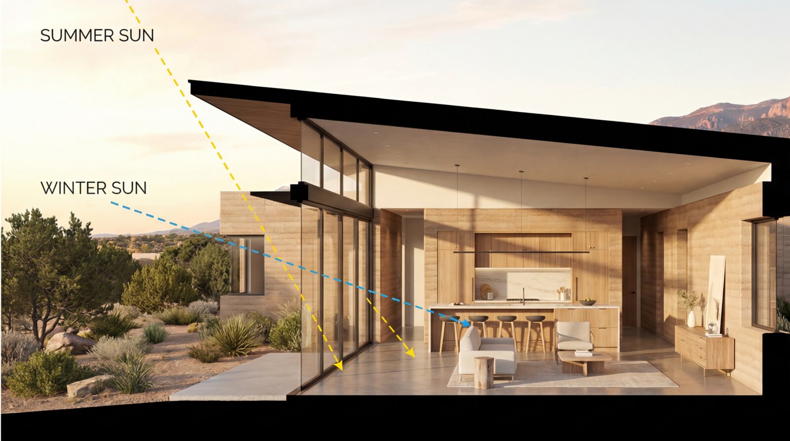 Passive solar design diagram showing summer and winter sun angles on a home